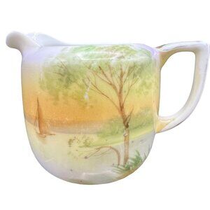 Vtg Nippon Creamer Jug White Porcelain 2.5" Sailboat Sunset Trees Lake Restful